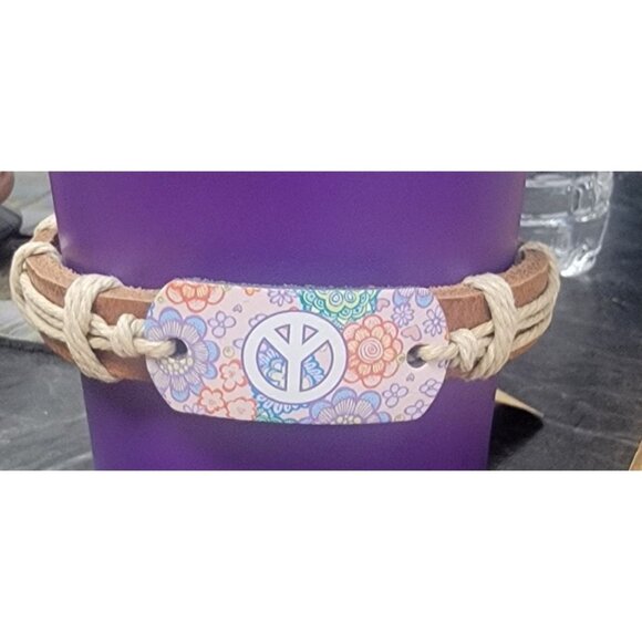 Handmade Leather & Cord Bracelet With Peace Symbol & Floral Design - Picture 1 of 3